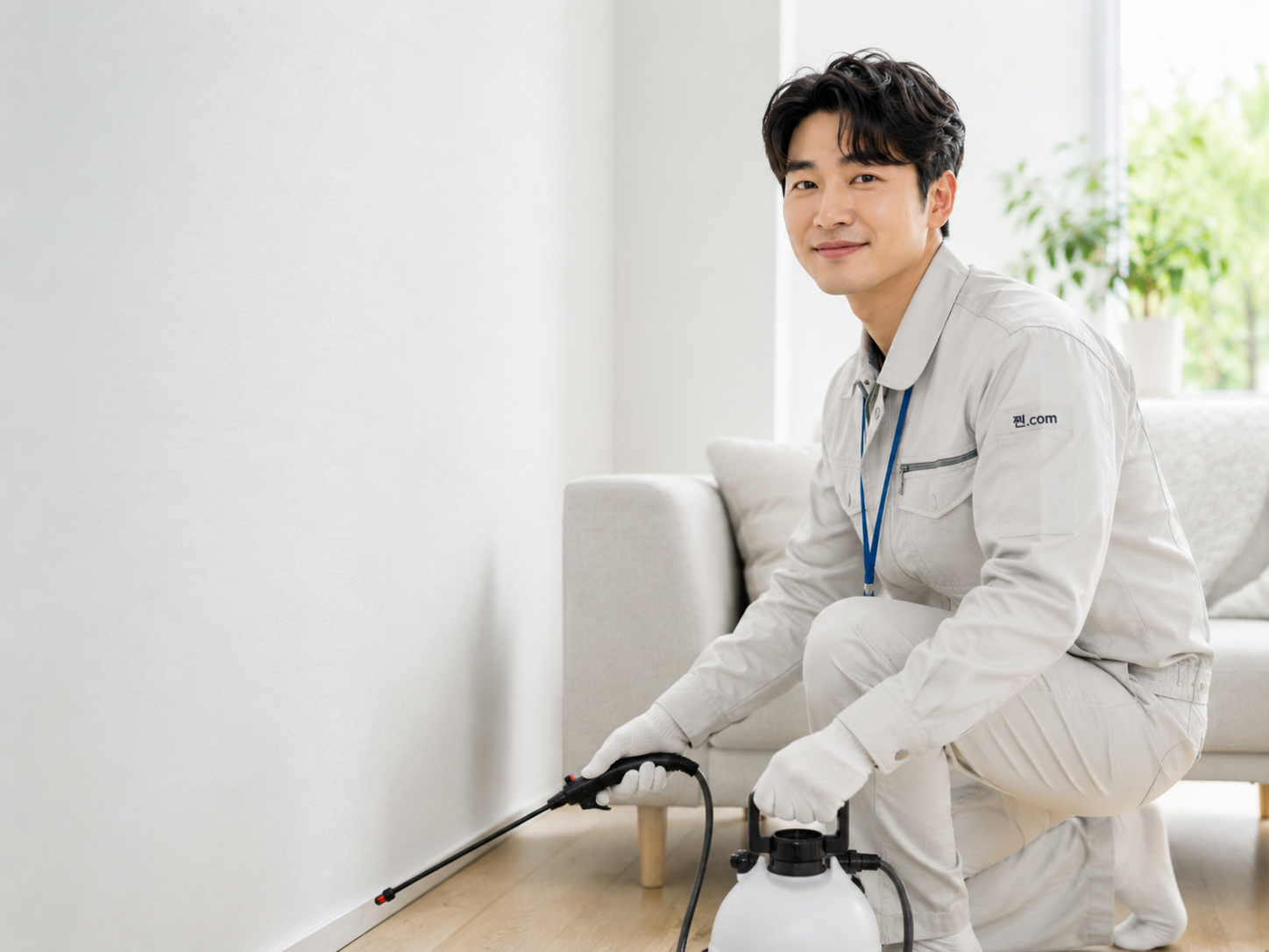 밝은 실내에서 전문 장비로 방역 작업을 진행하는 방역 전문가