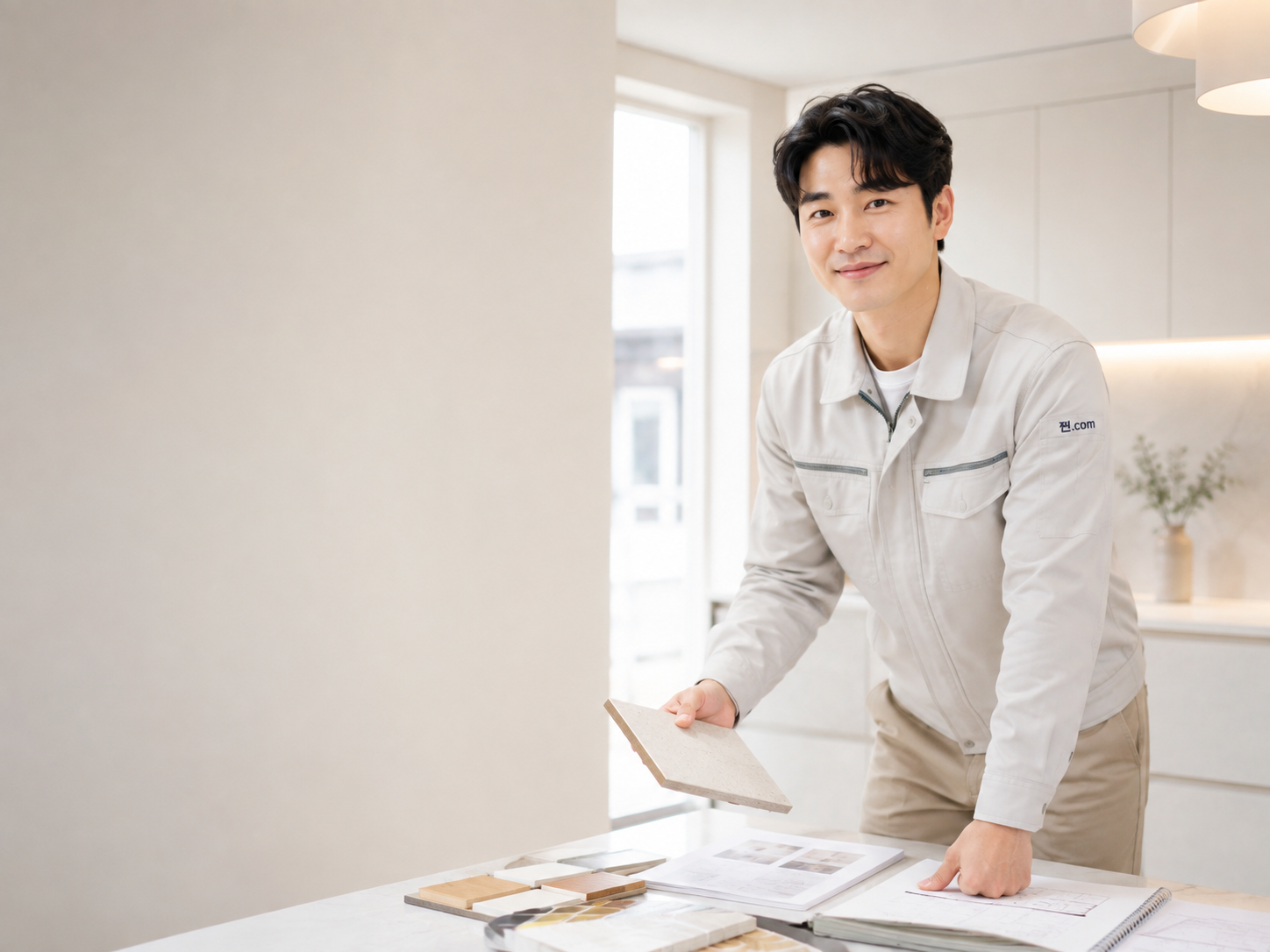 밝은 실내에서 도면과 자재 샘플을 확인하는 인테리어 전문가