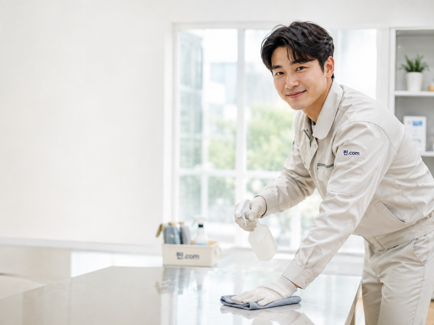 밝은 실내에서 전문 청소 작업을 진행하는 청소 전문가
