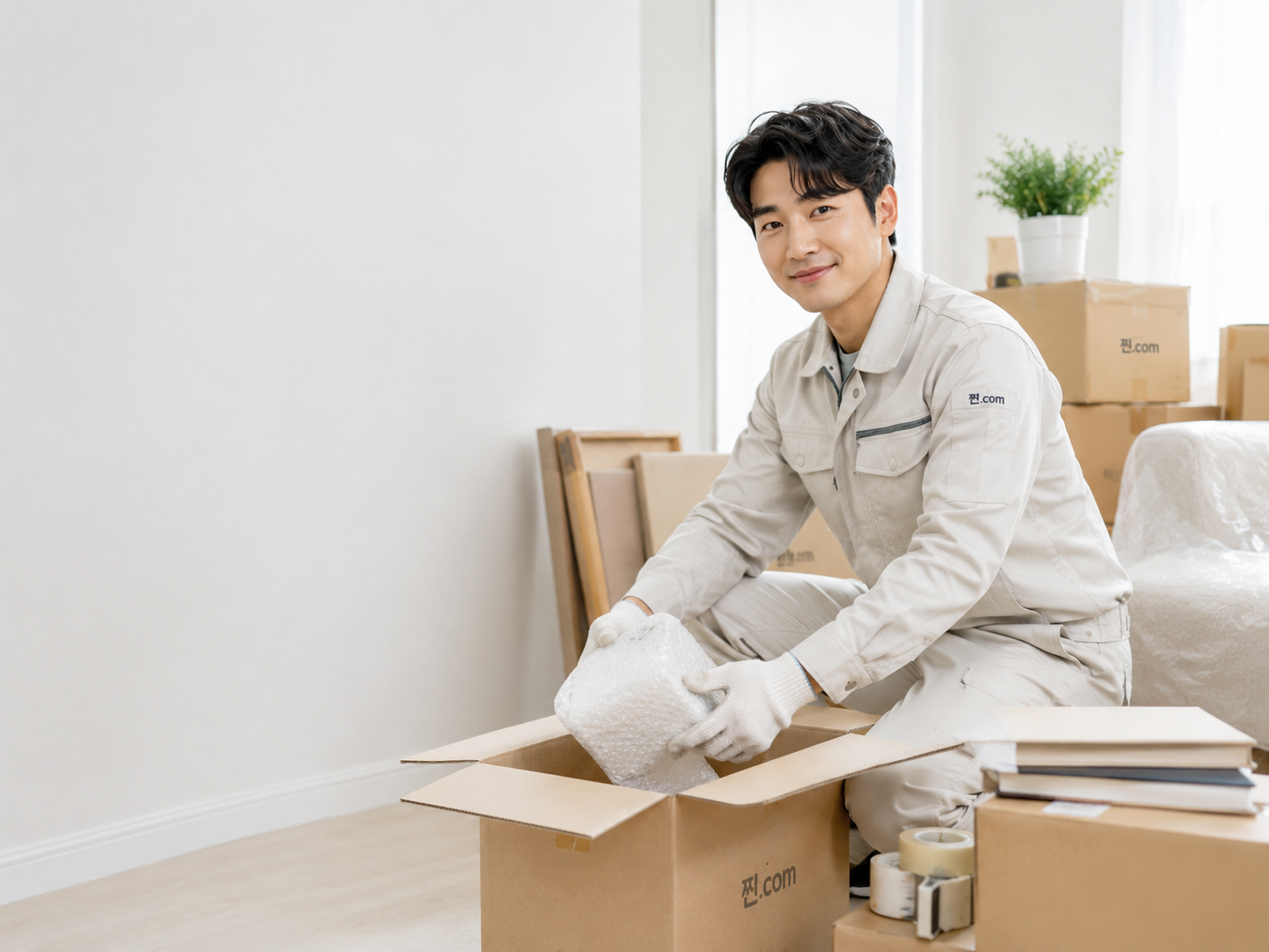 밝은 집에서 생활용품과 이삿짐을 안전하게 포장하는 포장이사 전문가